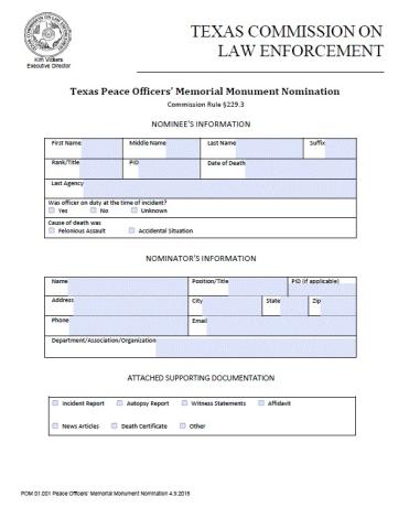 Texas Peace Officers' Memorial Monument Nomination Form